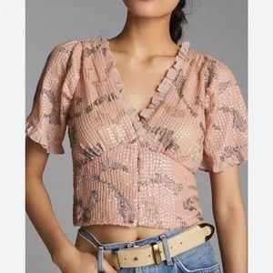 NWT Anthropologie Forever That Girl Sequined V-Neck Blouse Neutral Small